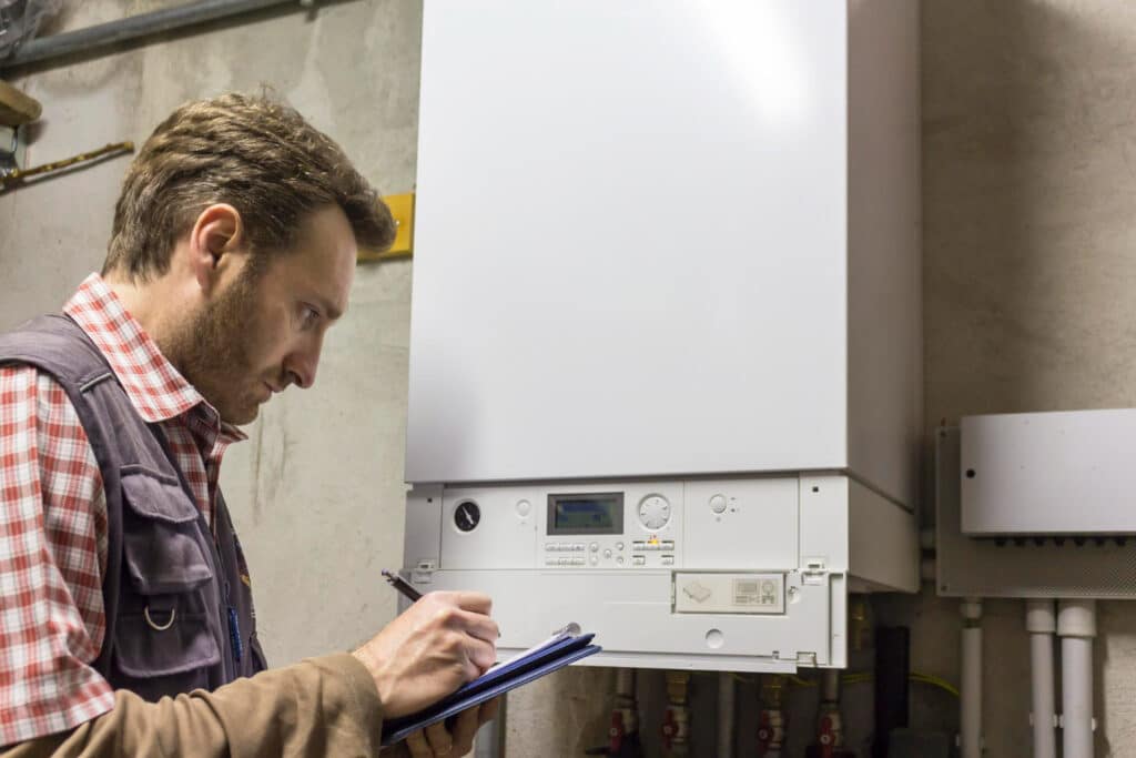 HVAC technician inspecting heating system during annual maintenance in Northern Virginia.