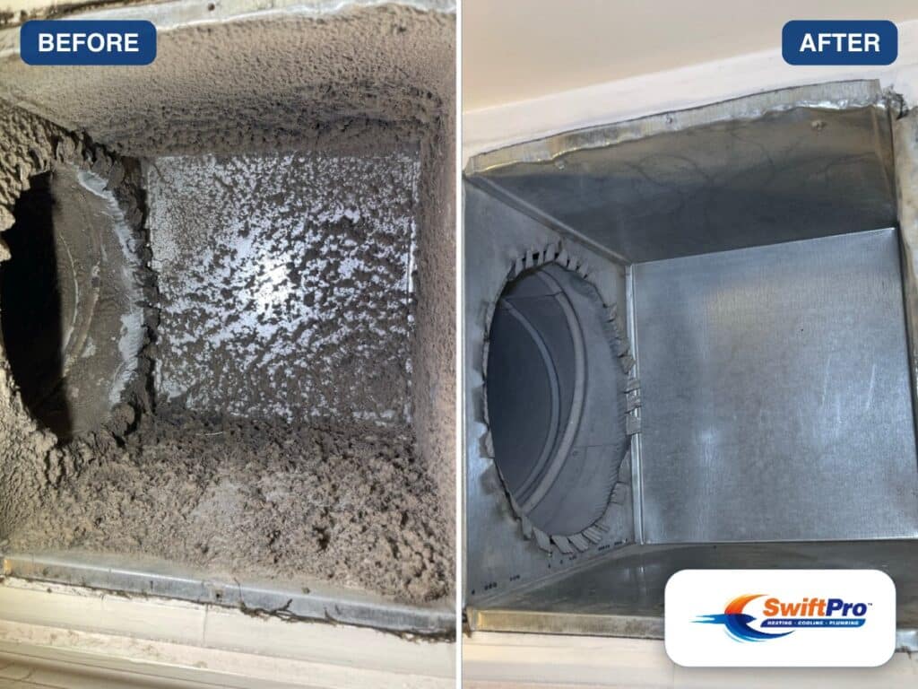 Duct cleaning before and after comparison showing dust and debris removal by SwiftPro in Northern