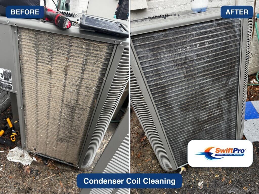 Before and after of a condenser coil on a Northern Virginia air conditioner, the fins matted with grey dust on the left and clean on the right after a SwiftPro cleaning