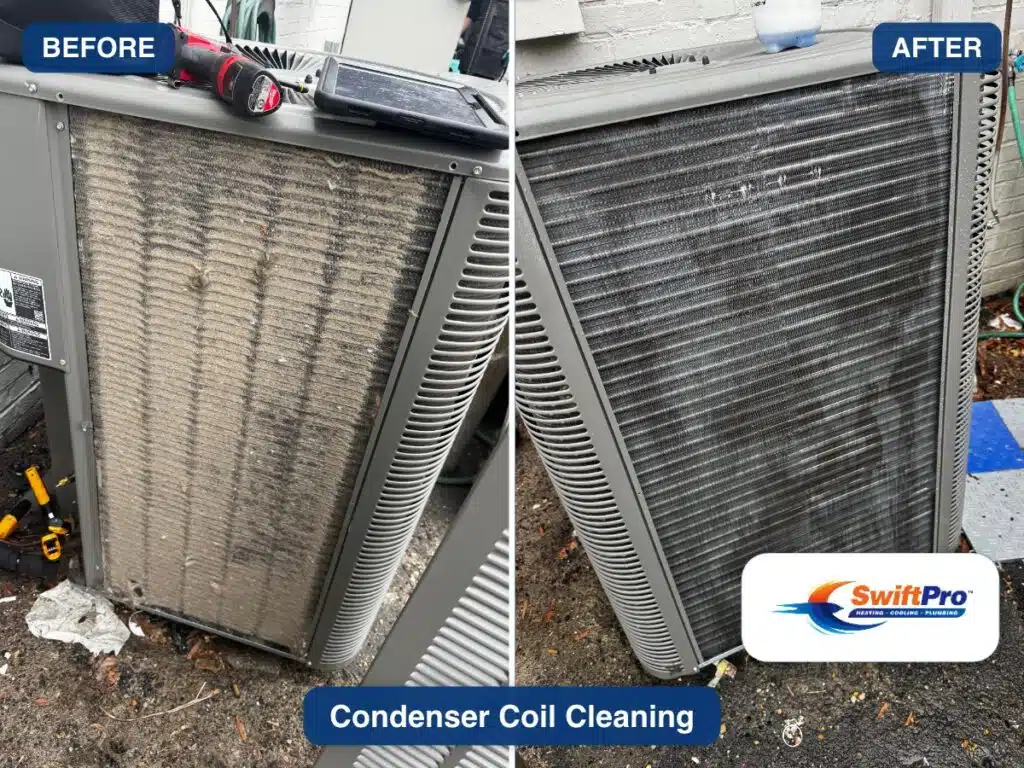 The same outdoor coil before and after cleaning, with debris on the left and clear metal fins on the right.