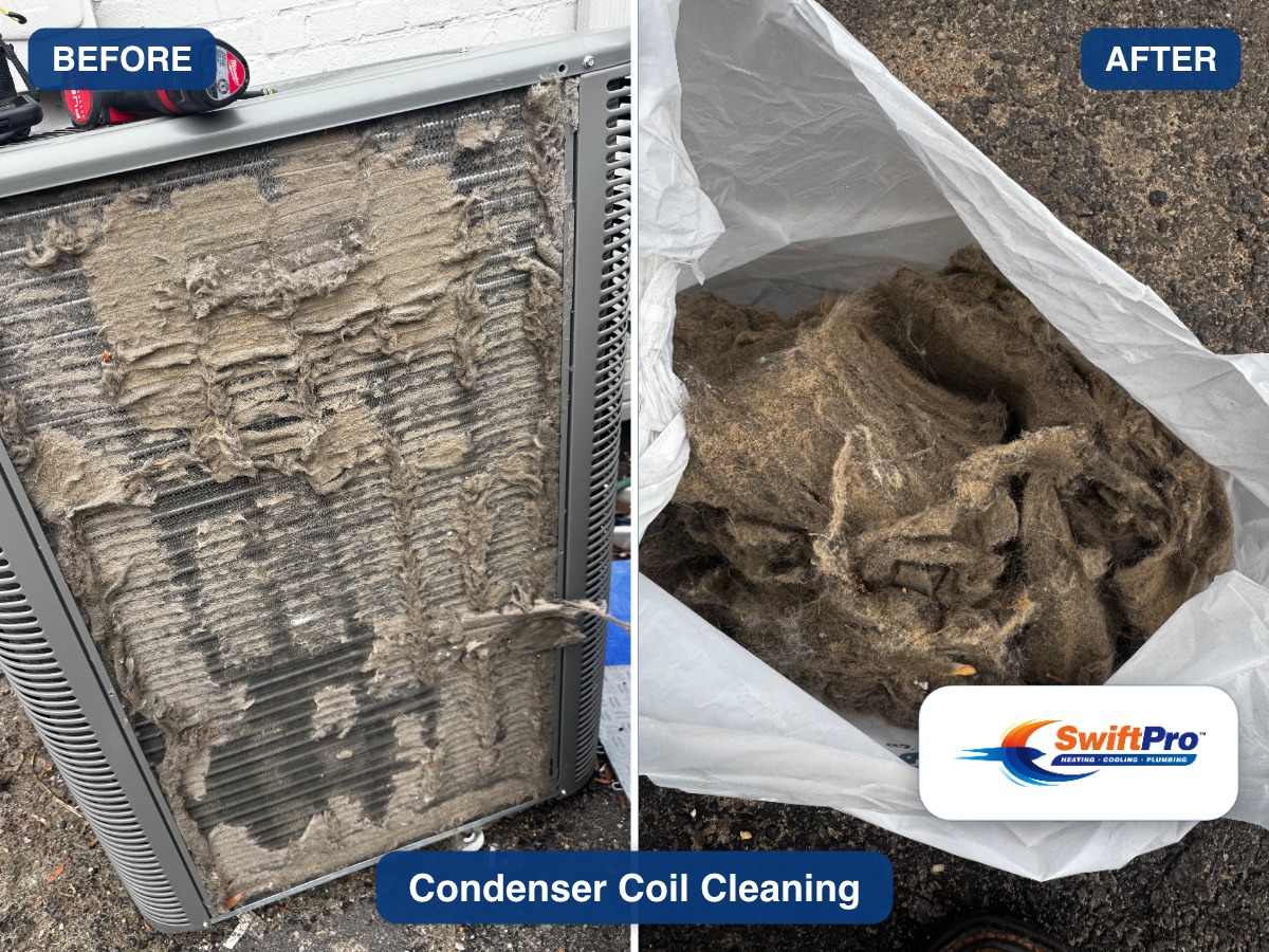 Debris, pollen, and hair removed from a dirty AC condenser coil during a SwiftPro tune-up