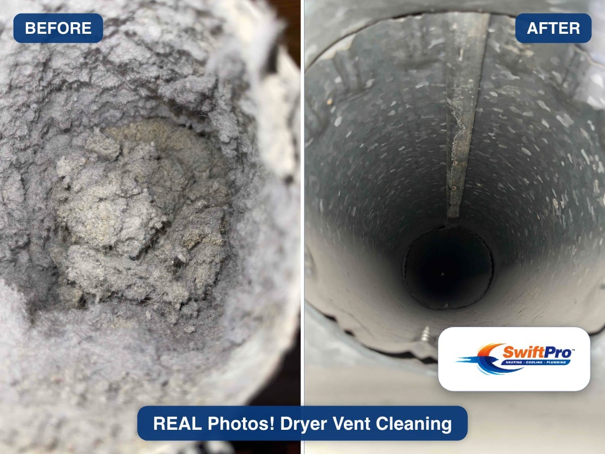 Before and after of a dryer vent SwiftPro cleaned in Northern Virginia: the lint-packed duct on the left, the same duct cleared on the right