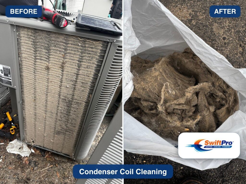 Before and after photos of an outdoor condenser coil SwiftPro cleaned: matted with grey debris, then clean, with the debris bagged beside it