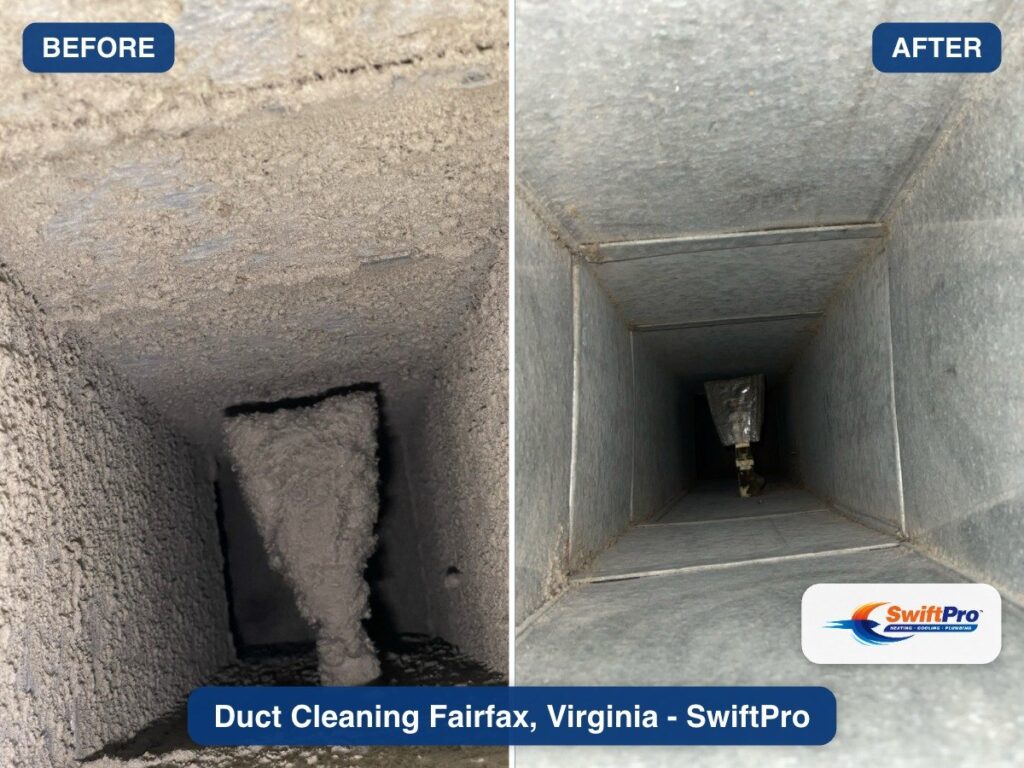 Before and after photos of a duct run cleaned by SwiftPro in Fairfax, Virginia