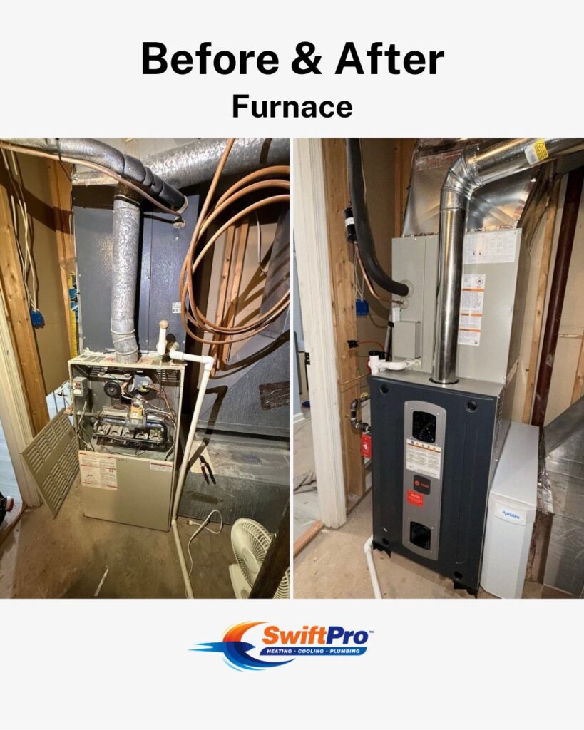 Before and after photos of a furnace replaced by SwiftPro in a Northern Virginia home.