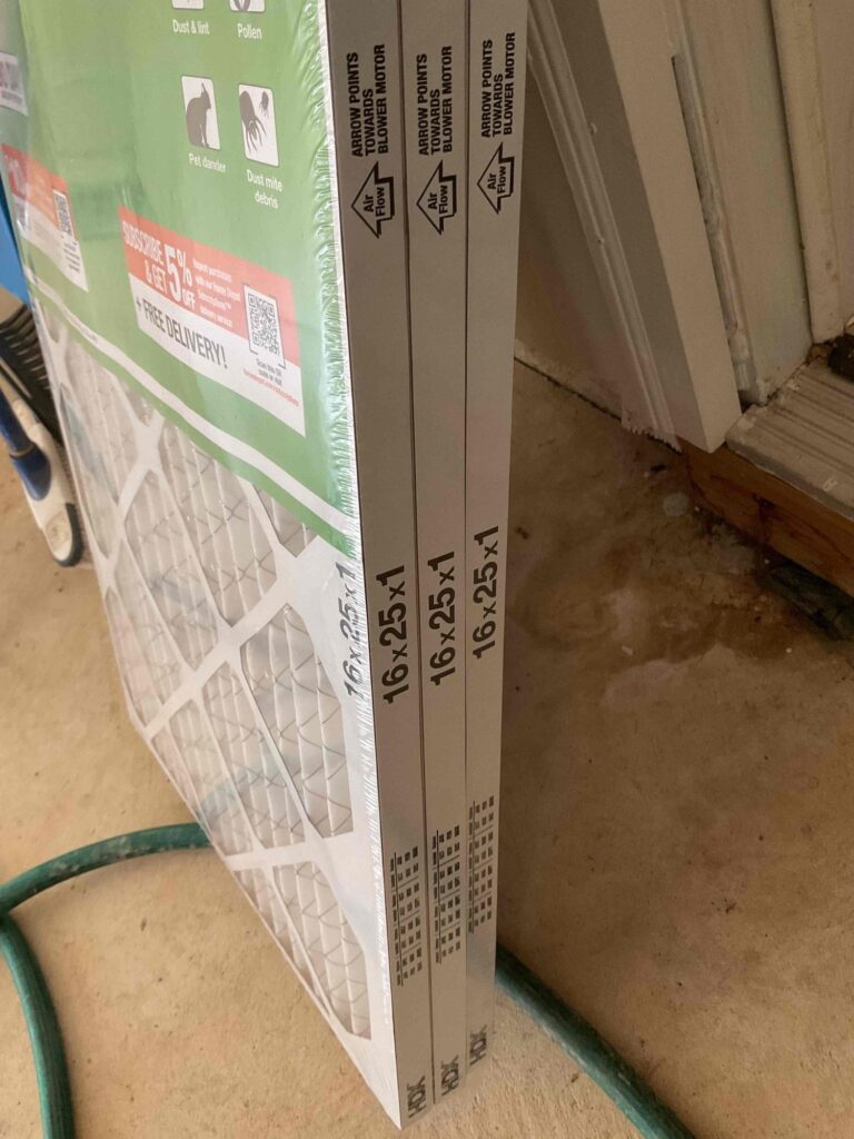 New pleated air filters in their boxes, waiting to go into a Northern Virginia HVAC system.
