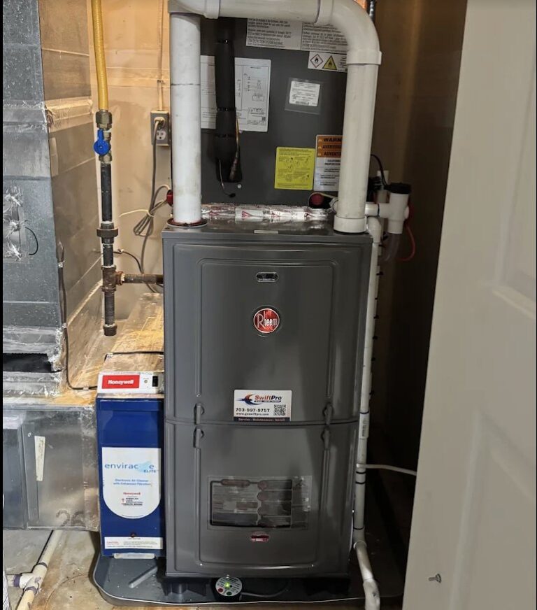 A Rheem furnace installed by SwiftPro in the utility room of a Northern Virginia home.