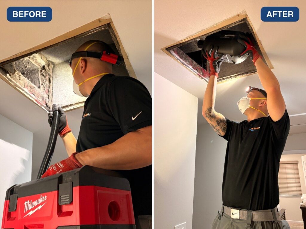 Two SwiftPro technicians in masks vacuuming a ceiling supply vent in a Northern Virginia home, before and after