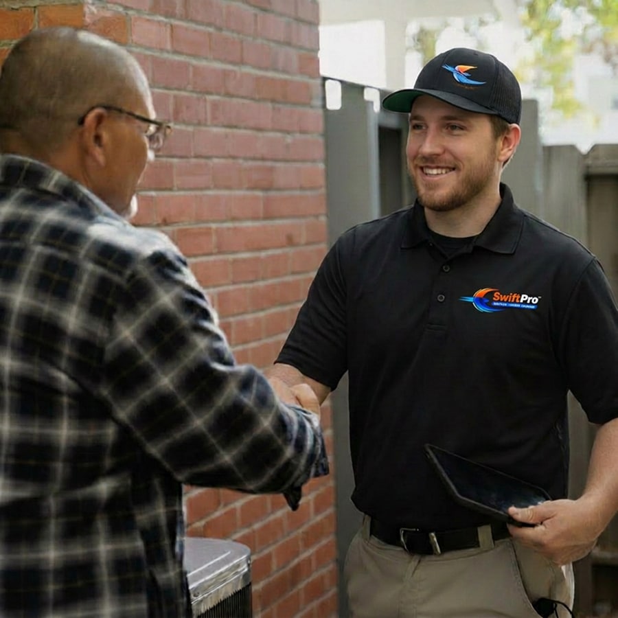 SwiftPro HVAC specialist shaking hands with a homeowner at the front door before a free in-home measurement in Northern Virginia