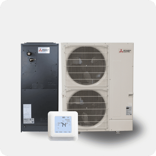 Mitsubishi heat pump system with air handler and thermostat