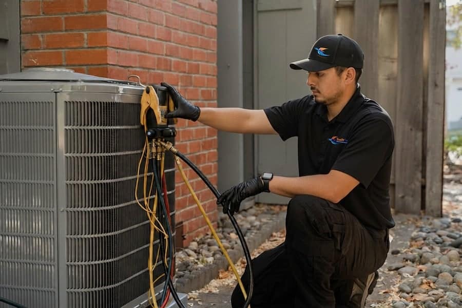 SwiftPro technician installing and testing a new air conditioner condenser in Northern Virginia