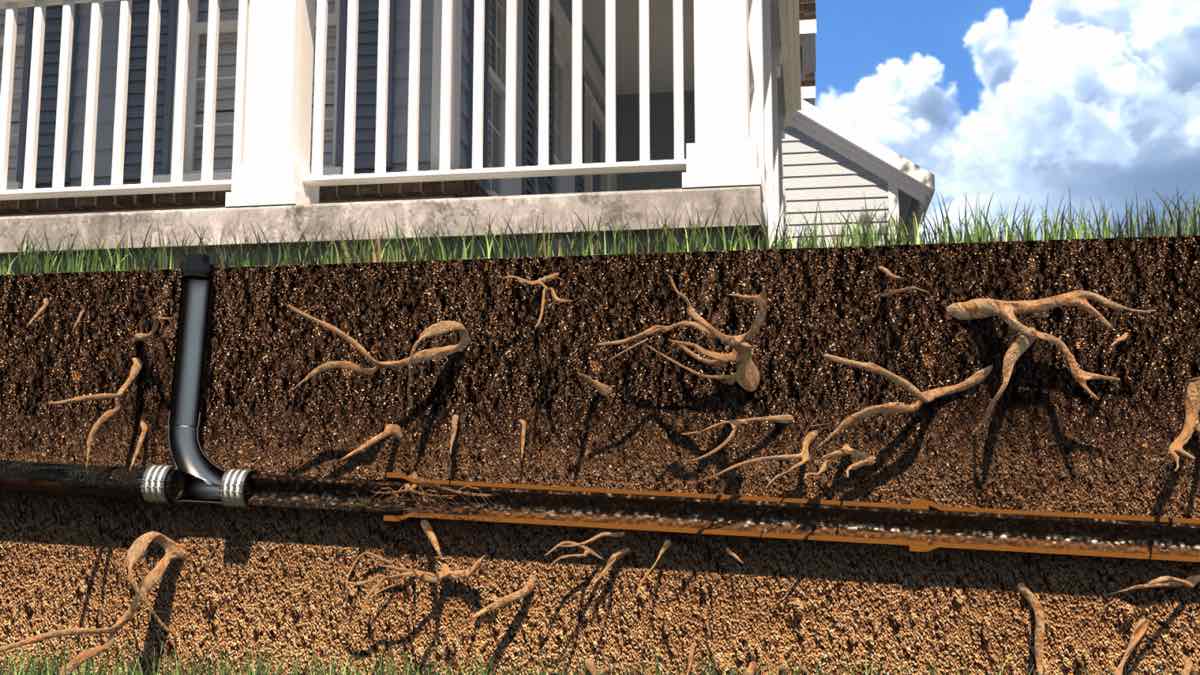 Cutaway illustration of a sewer lateral running from a house out under the front yard, with tree roots growing through the soil all around the buried pipe