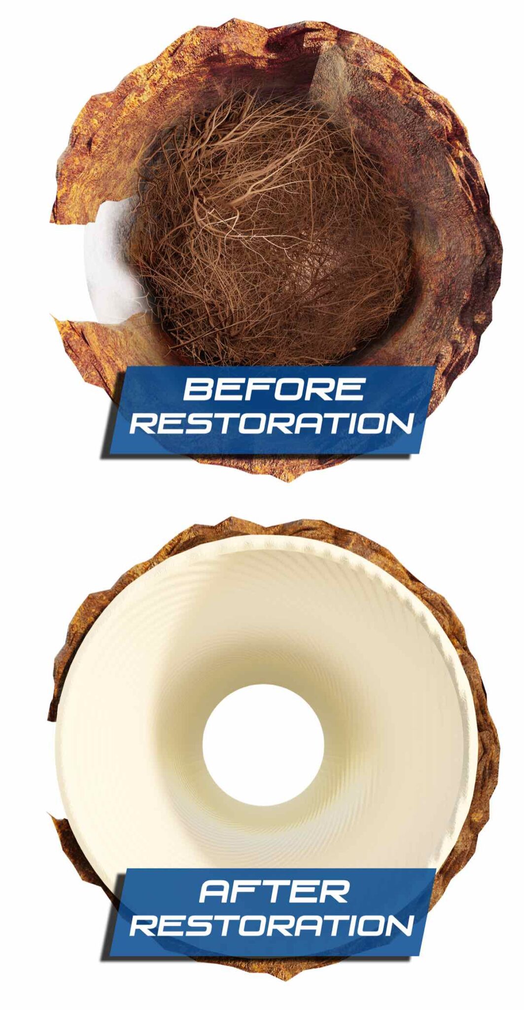 Cross-section illustration comparing a corroded sewer pipe packed with tree roots against the same pipe after a smooth cured-in-place liner was installed inside it