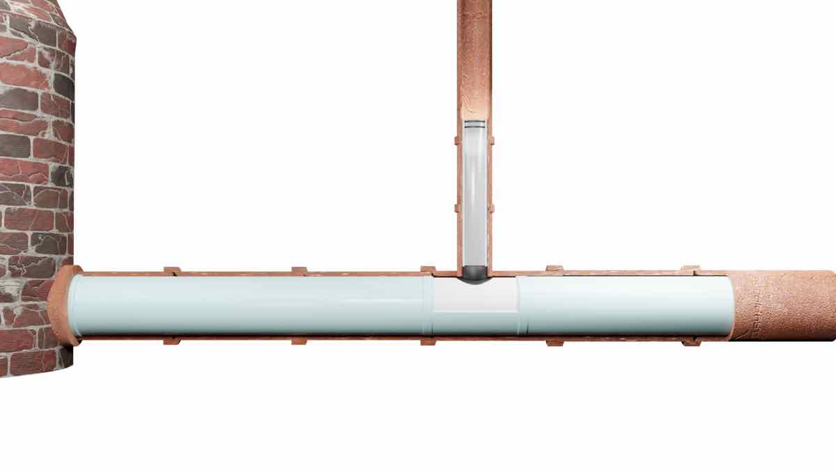 Cutaway illustration comparing a smooth jointless cured-in-place liner with the corroded original sewer pipe it was installed inside