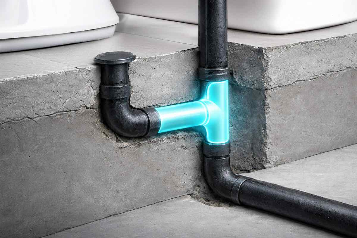 Cutaway illustration of a drain fitting under a concrete floor glowing blue as ultraviolet light cures a resin liner inside the pipe