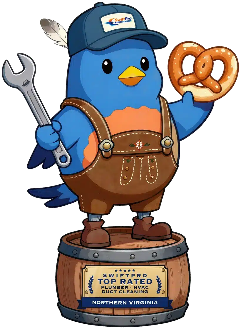 Swift, the SwiftPro mascot, in lederhosen with a wrench and a pretzel, standing on a SwiftPro Top Rated Plumber, HVAC and Duct Cleaning award barrel for Northern Virginia
