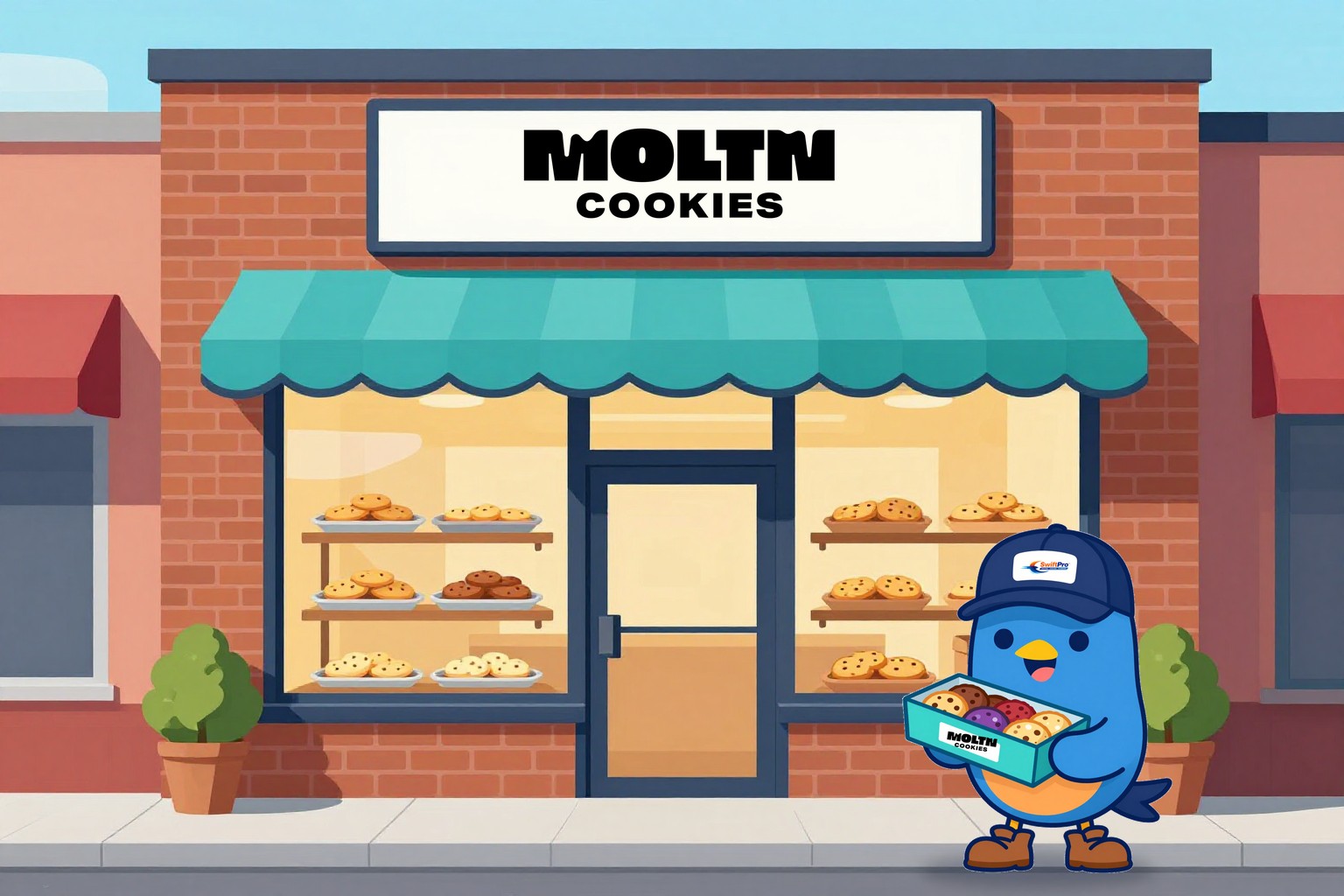 Illustration of the MOLTN Cookies shop in Chantilly, Virginia with Swift, the SwiftPro mascot, outside holding a box of warm cookies