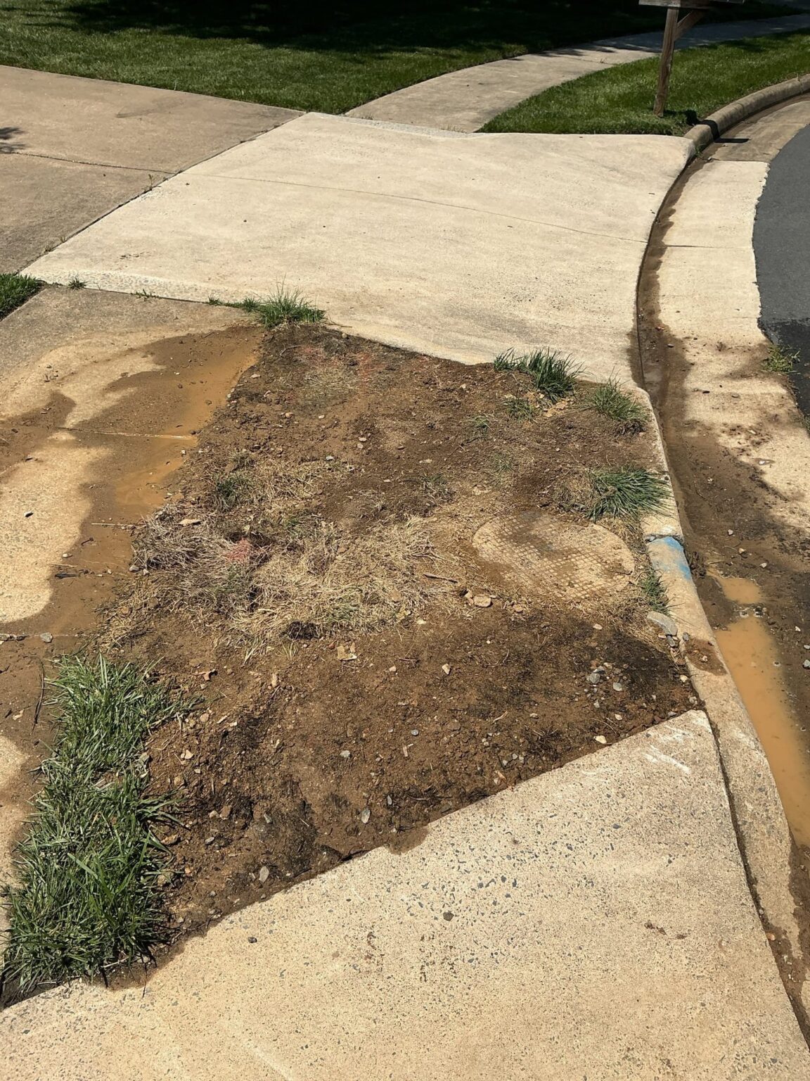 Fresh fill graded level between the sidewalk and the curb on a Northern Virginia street, where SwiftPro dug down to a buried line for a plumbing repair