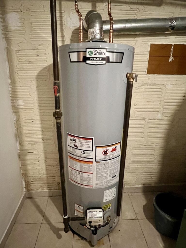 A gas tank water heater with its metal draft hood and vent pipe rising from the top, in a Northern Virginia basement