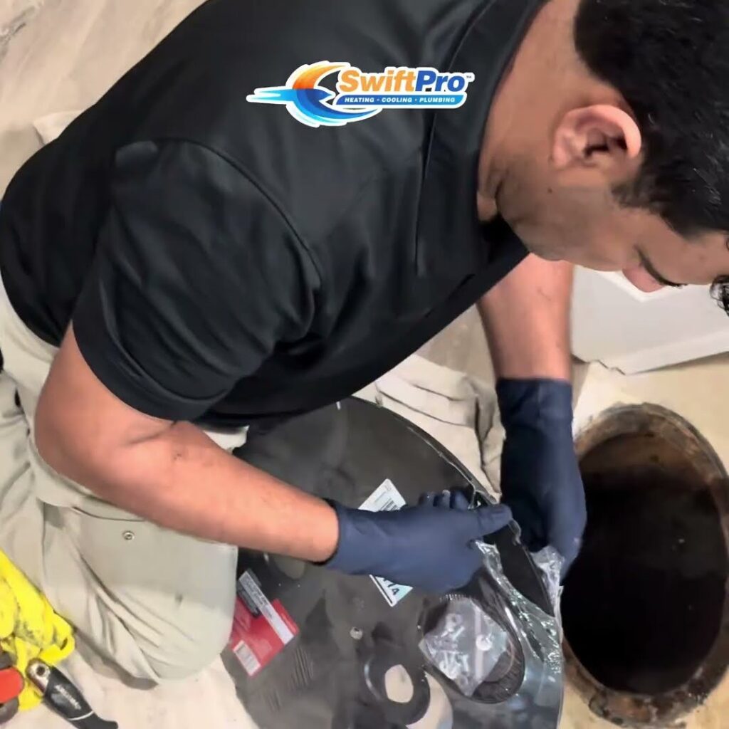 A SwiftPro plumber in a company polo and blue gloves unpacking parts beside an open sump pit in a Northern Virginia basement
