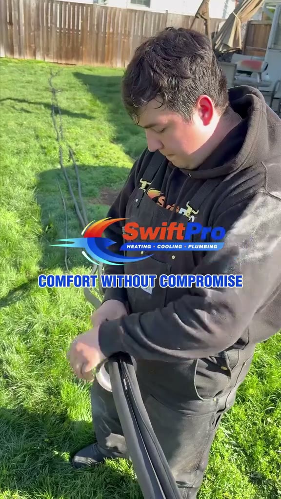 Montage of SwiftPro techs working through weather: charging a condenser under an umbrella in the rain, digging a line trench by hand and with a mini excavator, and setting a new Carrier condenser on a
