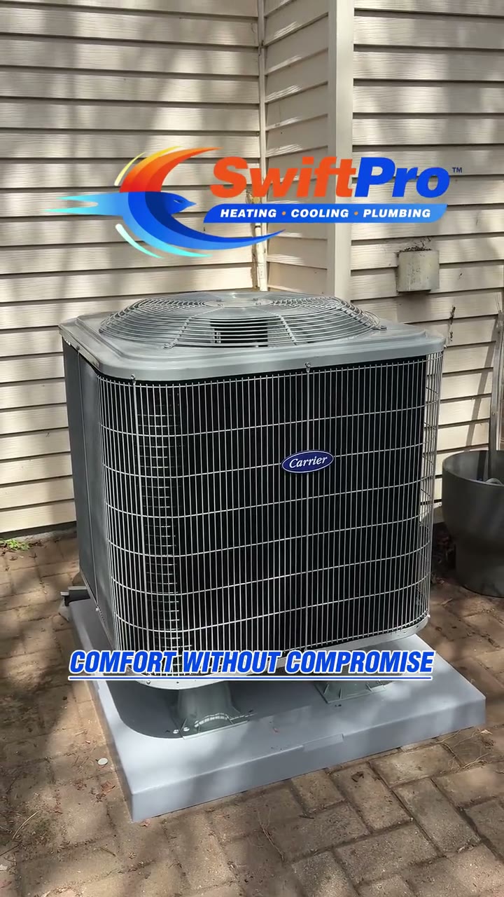 Timelapse under a SwiftPro banner, "A/C Unit Replacement Timelapse": techs haul out an old condenser from a townhouse backyard, wire the disconnect and set a new Carrier condenser on a pad.