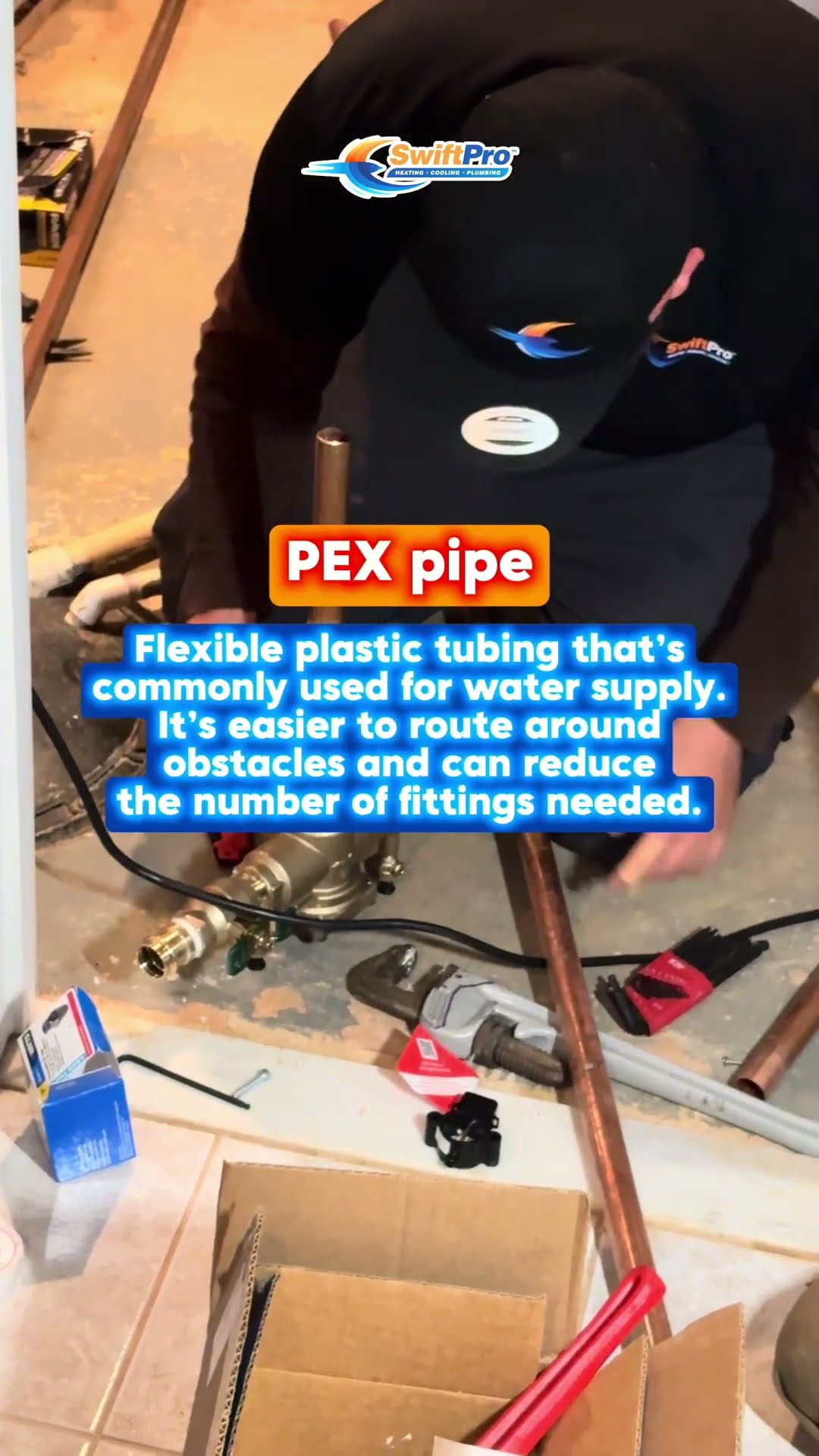 Pipe types explainer: a tech with long hair runs copper past a home bar, a tech in a SwiftPro cap works at a PEX and brass manifold with copper on the floor, and CPVC pipe in an open wall chase.