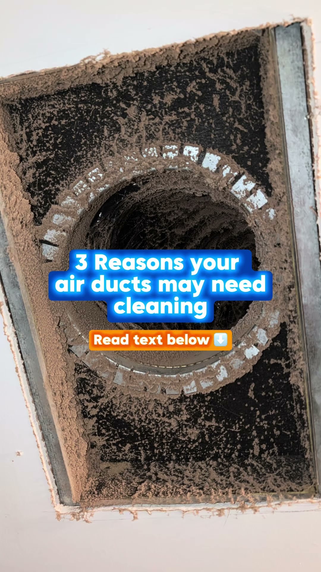 Close-ups of dirty ductwork: a dust-caked duct boot, a floor register clogged with dust, a wall return opening with debris, and the dusty inside of a round duct.