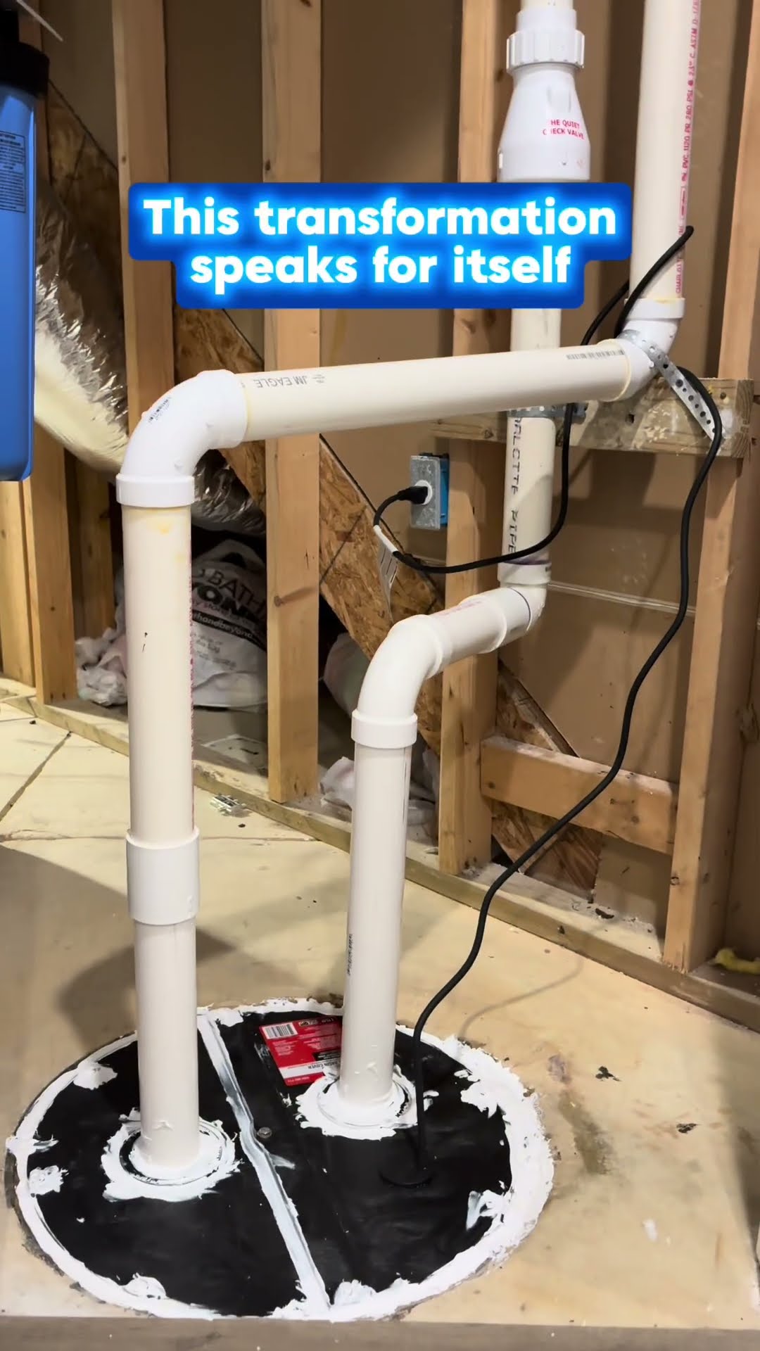 A bearded tech in a camo hoodie drives screws into an outdoor electrical disconnect box beside a line set, then a finished basement sump pump install with a sealed basin lid and white PVC discharge pi