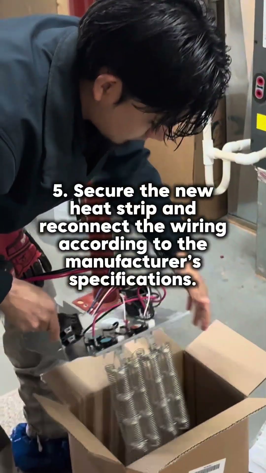 A young tech replaces an electric heat strip in an air handler: tests with a Fluke clamp meter, unboxes the new heat strip coil assembly, and rewires the control panel.