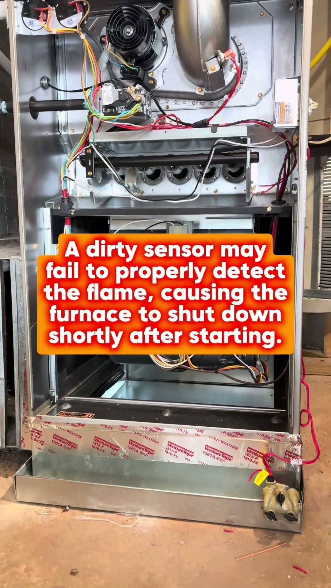 Two techs work on a furnace in a basement, then close-ups of the open furnace showing the burners and flame sensor, and the flue and duct connections above.